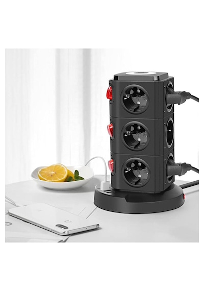 Kule Tipi 12 Li Çoklu Priz 3 Usb Hızlı Şarj Anahtarlı Akım Korumalı Masa Üstü Tower Priz 2 m
