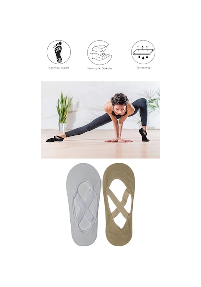 2 Adet Kadın Kaydırmaz Tabanlı Yoga Pilates Fitness Dans Ve Spor Çorabı Beyaz - Bej