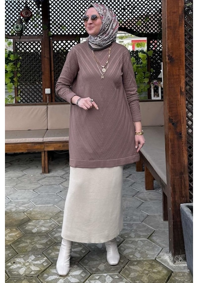 Rabia Şamlı Damla Triko Tunik Sütlü Kahve Çok Renkli