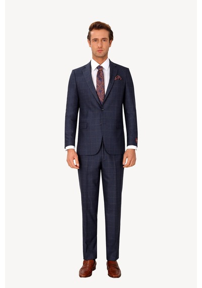 Erkek Lacivert Regular Fit Kareli Takım Elbise