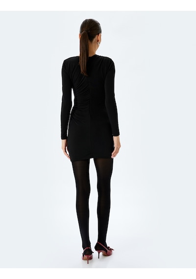 Koton Drape Detaylı Uzun Kollu Mini Kalem Elbise Siyah 5wak80300ek Siyah