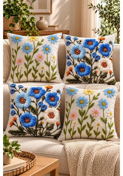 4'lü Set Çiçekli Dekoratif Kırlent Kılıfı 43x43 Cm, 3d Efektli Dijital Baskı - Mavi Çiçek Bahçesi Çok Renkli