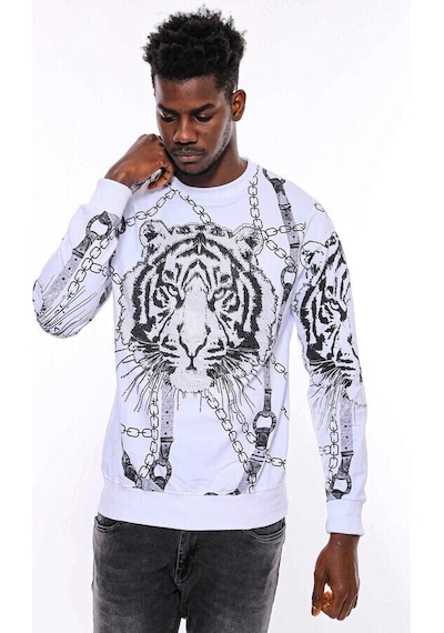 Wessi Beyaz Baskılı Ve Taşlı Bisiklet Yaka Sweatshirt Beyaz