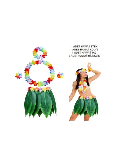 Yetişkin Hawaii Kostüm Seti - Yaprak Etek Hawaii Set - 5 Parça Çocuk