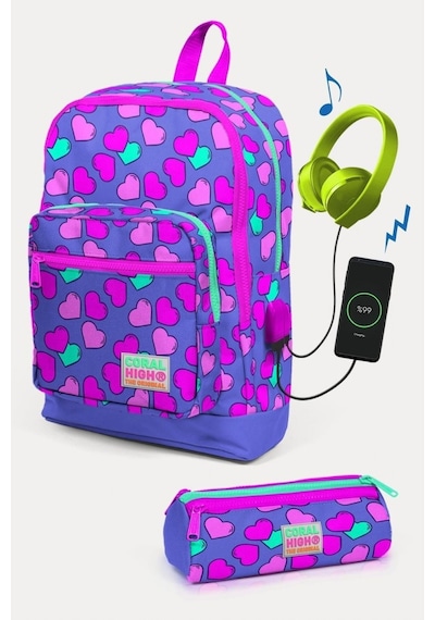 Coral High Kids Lavanta Pembe Kalp Desenli Usb'li 2'li Okul Çanta Seti - Kız Çocuk