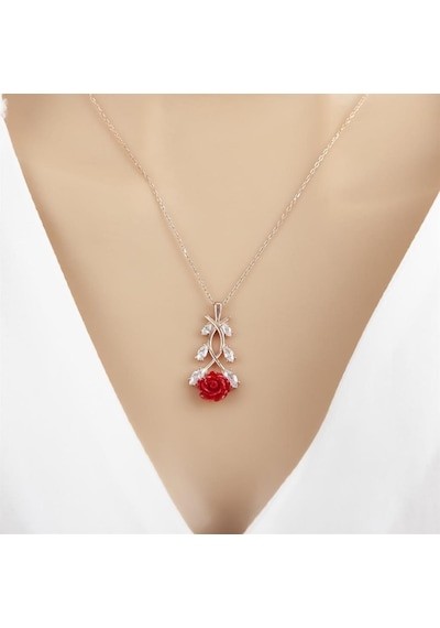 Kırmızı Gül Desenli Rose Kaplama 925 Gümüş Kadın Kolye