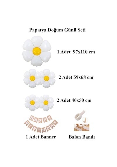 Happy Birthday Banner Ve 5 Li Papatya Folyo Balon Seti Parti Kutlama Seti Beyaz - Sarı