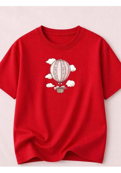Uçan Balon Baskılı Kompak T-shirt Kırmızı
