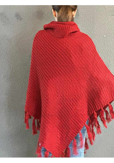 Gönülden Tasarım Örgü Triko Motifli Püsküllü Boğazlı Panço Şal Kırmızı