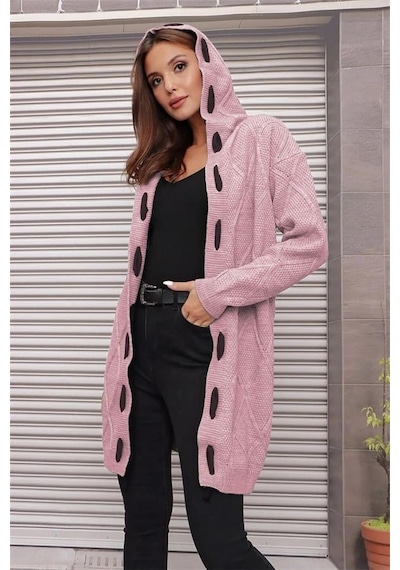 Aqe Fashion Kapüşonlu Kabartma Desenli Şerit Garnili Pudra Hırka Pudra