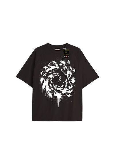 Flood Of Style Siyah Oversize T-shirt Kuşlar Özel Tasarım