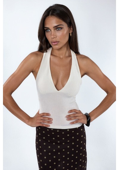 Hiccup Busem Kesik Detaylı Dar Kesim Halter Crop Bluz Beyaz