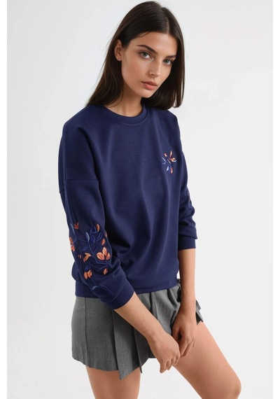 Hiccup Modal Dokulu İşlemeli Bisiklet Yaka Sweatshirt Berşan Collection Lacivert