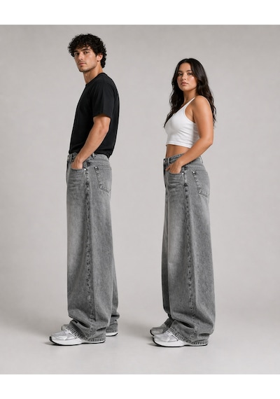 St.poll Eskitme Gri Yıkamalı Unisex Büyük Beden Baggy Jean Pantolon