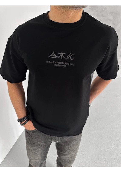 Barlashive Erkek Baskılı Bisiklet Yaka T-shirt - Siyah Çok Renkli