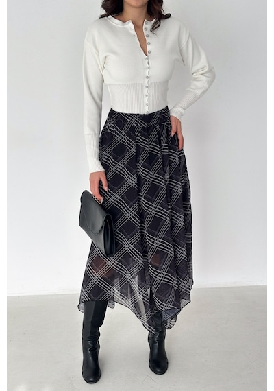 Kadın Asimetrik Kesim Ekose Midi Etek Plaid Motion Siyah
