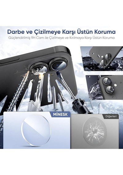 İphone 17 İle Uyumlu Kamera Koruyucu Alüminyum Alaşım Çerçeveli Ve 9h Sertliğinde Temperli Camlı Lens Koruyucu Siyah