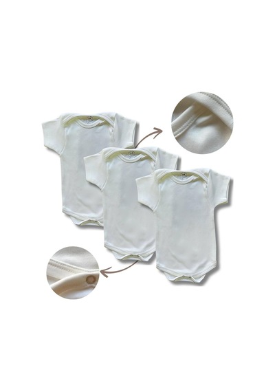 Betül Bebek Kısa Kollu 3'lü %100 Organik Pamuk Çıtçıtlı Bebek Body & Zıbın 3adet Ekru