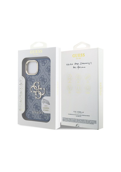 Apple iPhone 15 Uyumlu Kılıf Guess Lisanslı Metal 4g Ve Yazı Logolu Kamera Standlı Kapak Mavi