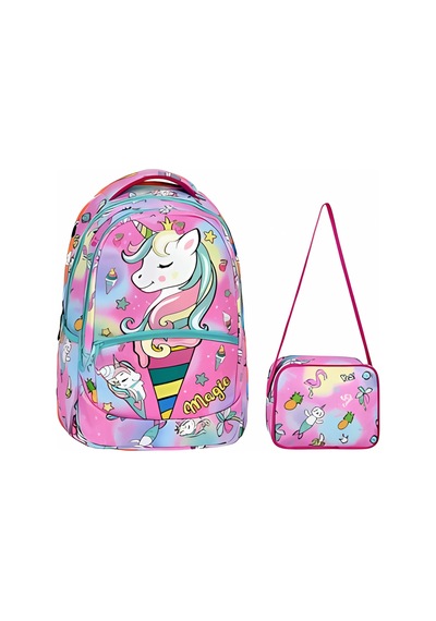 Unicorn Desenli Pembe İlkokul Sırt Çantası + Beslenme Çantası 2303 Açık Pembe