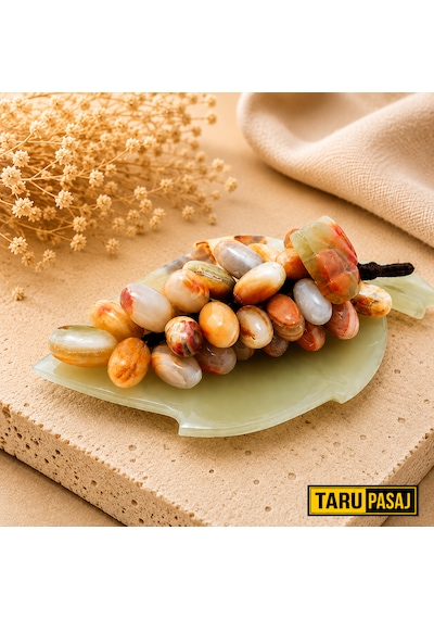 Doğal Oniks Taş Yaprak Tabak & 30 Taneli Üzüm Salkımı Feng Shui Dekor Objesi Kahverengi