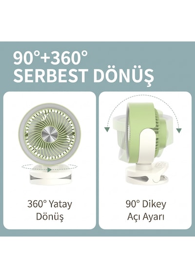 Tgx-3504 2'si 1 Arada Masaüstü Ve Klipsli Şarjlı Vantilatör - Gece Lambalı, 4 Kademeli Sessiz Fan Yeşil