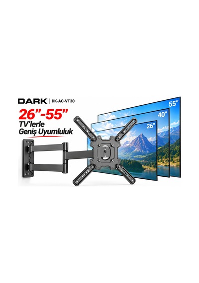 Dark DK-AC-VT30 26"-55" 35kg Hareketli Duvar Tipi TV Askı Aparatı 180°Döner Ayarlanabilir Çift Kollu