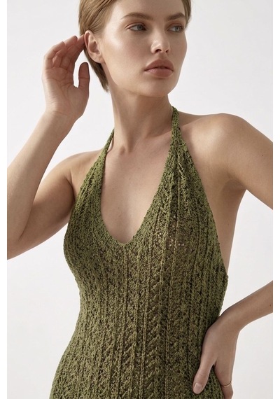 Neden Tekstil Beachwear Boyundan Bağlamalı Ajurlu Triko Plaj Elbisesi - Haki