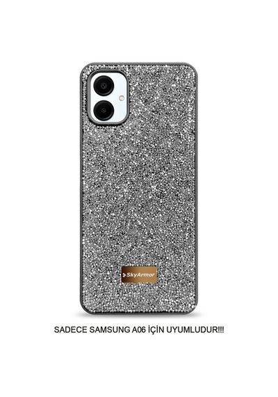 Samsung A06 Uyumlu Kadife İç Yüzey Tasarımlı Taşlı Işıltılı Parlak Pırlanta Kılıf Dia Plus Gri