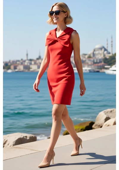 Benerly Kadın V Yaka Kolsuz Bodycon Midi Elbise Astarlı Micro Dokuma Elas Kırmızı