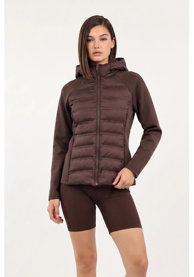 CEMO Kapüşonlu Softshell Kollu Şişme Kadın Mont Kahverengi