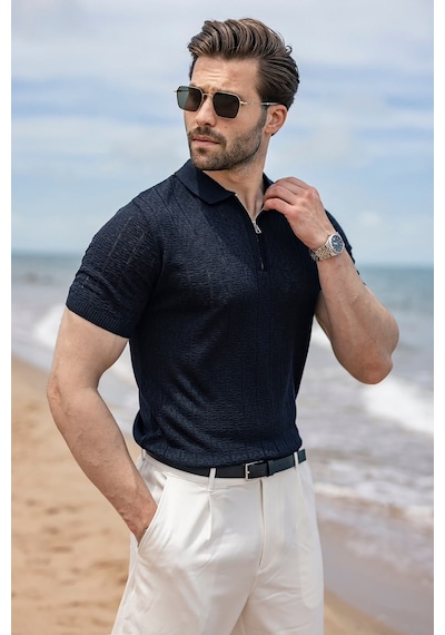 Madmext Lacivert Regular Fit Polo Yaka Triko Erkek Tişört E7503