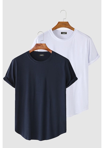 2'li Erkek Lacivert-beyaz Kolları Katlı Oval Kesim Cepsiz Bisiklet Yaka T-shirt Lacviert-beyaz