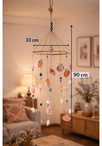 El Yapımı Deniz Kabuklu Rüzgar Çanı 90 Cm Bohem Balkon Teras Dekoru Nazar Boncuklu Askılı Süs 98 x 98