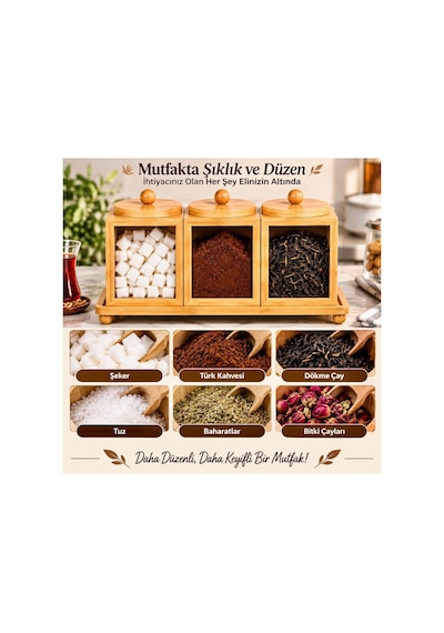 3 Lü Doğal Bambu Baharatlık Çay Şeker Kahve Saklama Kabı Stand Tepsili Kapaklı Mutfak Organizer Seti Kahverengi