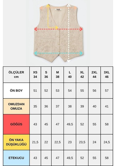 Saade Sââde Kadın V Yaka Çiçek Nakışlı Cep Detaylı Düğmeli Keten Yelek Bej