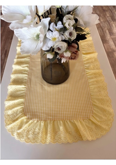 Fırfırlı Fistolu Vintage Duck Keten Oval Runner 40x65 Cm Sarı