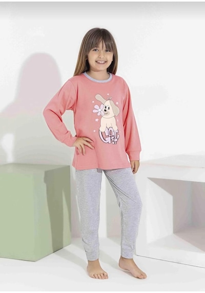 Kız Çocuk Baskılı Uzun Kollu Pijama Takımı Sevimli Ev Giyimi-8408- Pembe