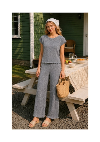 Rindahomewear Bürümcük Kumaş Antrasit Düşük Kol Pijama Takım Antrasit