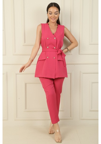 By Saygı 6 Düğmeli Sahte Cepli Kuşaklı Yelek Beli Lastikli Dar Paça Pantolon 2'li Takım Fuşya By Saygı 6 Düğmeli Sahte Cepli Kuşaklı Yelek Beli Lastikli Dar Paça Pantolon 2'li Takım Fuşya