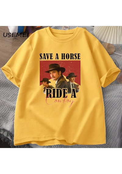 Flood Of Style Pedro Pascal T-shirt Kovboy Grafik Tshirt Bir At Binmek Bir Kovboy Tees Pablo Escobar Lats Of Sarı
