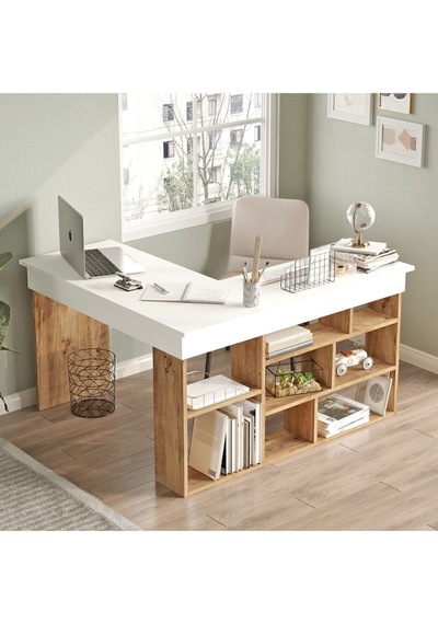 Corner Kitaplık Raflı Çalışma Masası Çam-antrasit Cor5-aw Beyaz - Çam