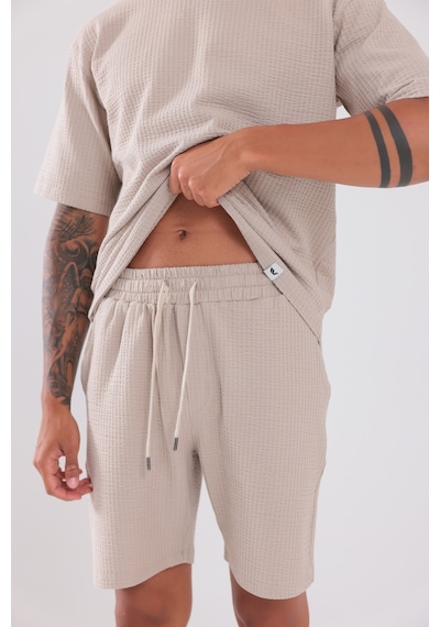 Rowinger Waffle Dokulu Oversize T-shirt Ve Şort Erkek Takım Beıge
