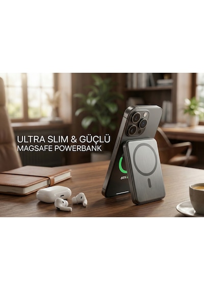 Uk Apple Uyumlu iPhone 12 Pro  Magsafe 5000mah Ultra İnce Powerbank Kablosuz Hızlı Şarj-titanyum Gri Titanyum