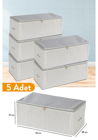 Serstil 5 Adet - Küçük Boy Baskı Detaylı Antrasit Çizgili Hurç 52 X 28 X 21 Cm