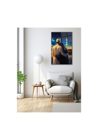 Kutsal Yolculuk Kâbe Yi Seyreden Aile Temalı Cam Tablo Modern Dekorasyon Temalı Dekoratif Duvar Tablosu, Salon, Ev Ve Ofis Dekoru,