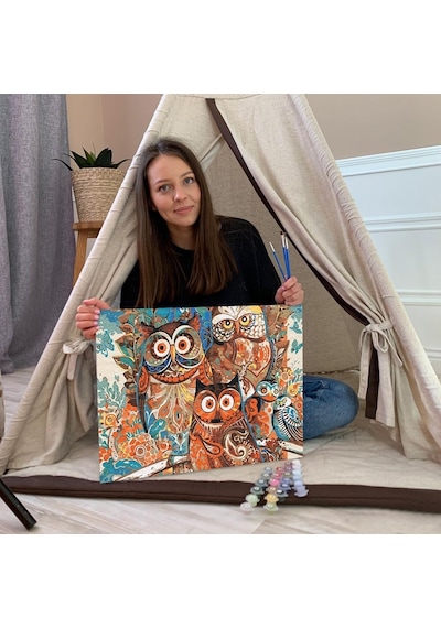 Sayılarla Boyama Seti 40 X 50 Cm Tuval Şasesine Gerili Baykuşlar