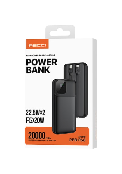Recci Rpb-p68 Pd 20w Dijital Gösterge Type-c Ve Lightning Kablolu Powerbank 22.5w 20000mah Siyah Siyah