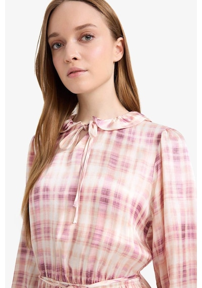 DeFacto Regular Fit Gömlek Yaka Desenli Saten Uzun Kollu Maxi Elbise F2725AX25SMPN441
