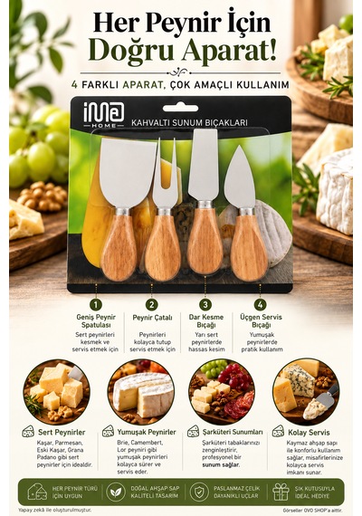 Bambu Peynir Bıçağı 4'lü Set Kahverengi